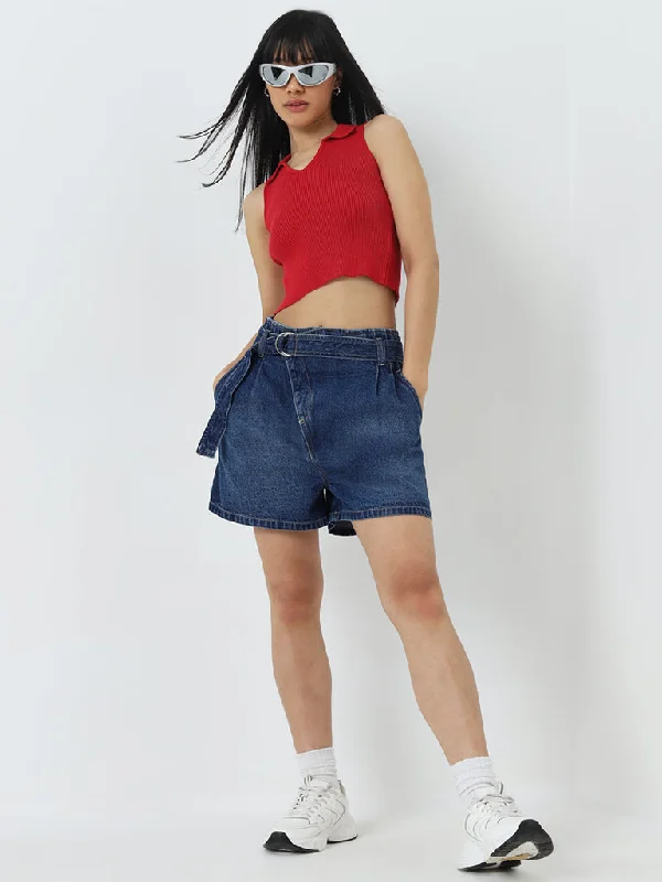 Plus Size Women Shorts with a Comfortable and Stylish FitNuon Dark Blue Mid-Rise Denim Shorts with Belt