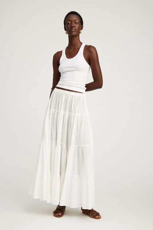 Belted Women Shorts to Enhance the WaistlineWhite Voile Tiered Maxi Skirt