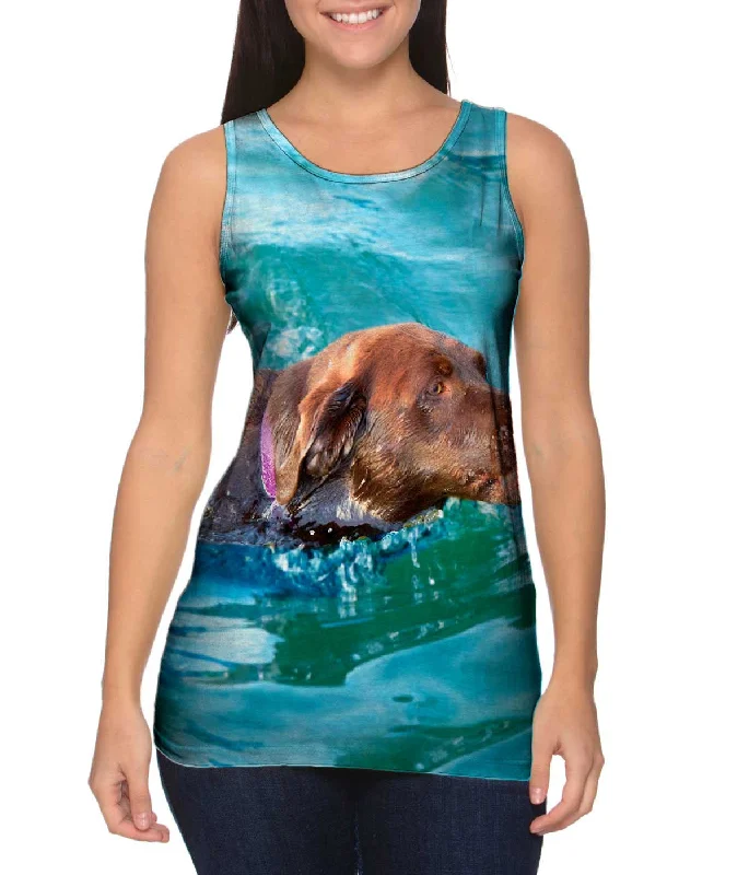 Plus Size Women's Puff - Sleeve Tank Tops in Pastel HuesSwimming Chocolate Lab