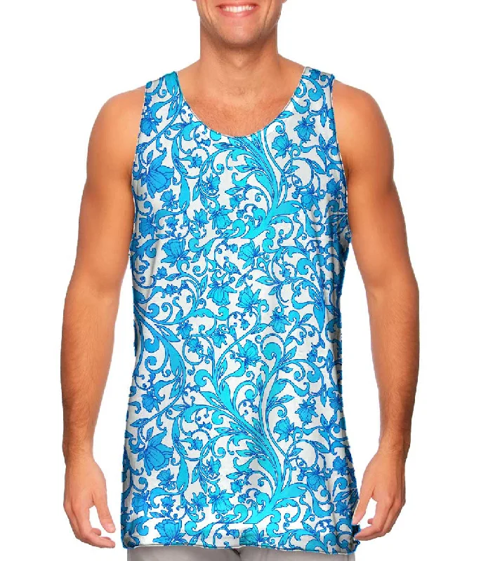 Plus Size Women's Ruffled Hem Tank Tops with Floral PrintsSwirl Flower Navy Turquoise Pattern