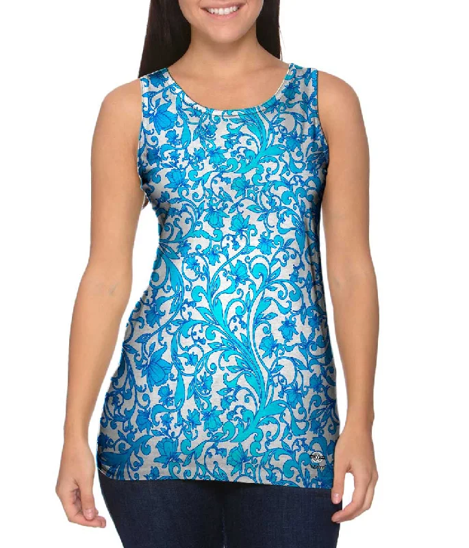 Women's Spaghetti Strap Tank Tops with Geometric PatternsSwirl Flower Navy Turquoise Pattern