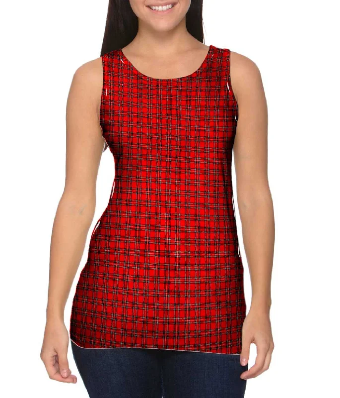 Plus Size Women's Puff - Sleeve Tank Tops in Pastel HuesTartar Pattern Red