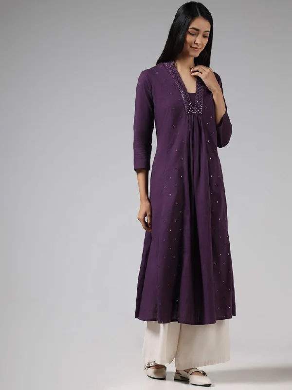 Tie - Waist Women Shorts for a Customizable FitUtsa Dark Purple Mirror Embroidered Cotton Gathered Kurta