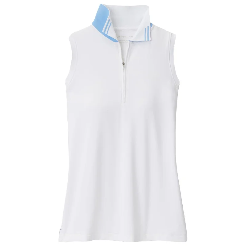 Striped linen blend polo shirt for summer beach partiesWomens Chrissie Sleeveless Polo White/Cottage Blue - AW24