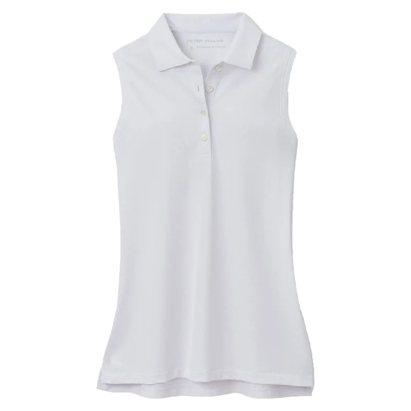 Solid color performance fabric polo shirt for sports activitiesWomens Sleeveless Banded Button Polo White - 2024