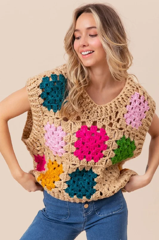 Neon Bodysuits to Stand Out at PartiesGranny Square Openwork Sweater Vest